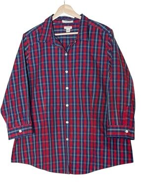 L.L. Bean Women Wrinkle Free Plaid Button Up Shirt 1X Red Blue Green Long Sleeve